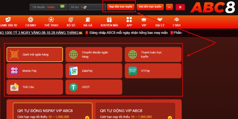 Truy cập mục “Nạp tiền trực tuyến” và lựa chọn hình thức phù hợp